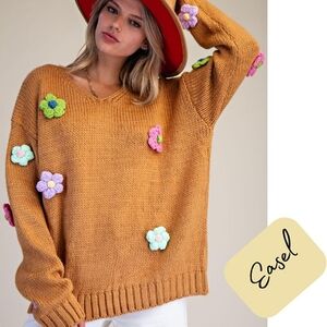Easel Daisy Flower Applique Knit V-Neck Sweater New With Tags